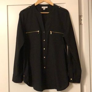 Calvin Klein black button blouse with gold accents